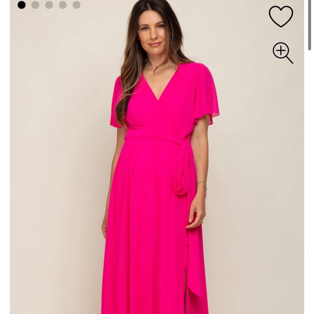 Fuchsia Chiffon Short Sleeve Wrap V-Neck Front Slit Maternity Maxi